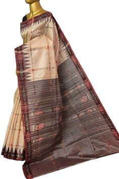 This new collection comes with a Sambalpuri border in maroon that complements the sandalwood color body, making this Tussar silk an elegant pick for your next occasion. Apart from the plaintive/solid color body, there is also sambalpuri work on the pallu giving it a classy appeal. Color: A shade of sandalwood and maroon color Technique: Amazing work of resham weaving with Sambalpuri work on the pallu with Sambalpuri border Fabric: Pure Tussar Silk Quality: Indyvogue's Assurance of Pure Silk Mark Brown Raw Silk Saree For Festivals, Brown Handloom Dupatta For Diwali, Brown Handloom Chanderi Saree, Brown Handloom Dupatta For Festivals, Brown Chanderi Handloom Saree, Traditional Brown Chanderi Saree, Brown Handloom Saree For Puja, Brown Handloom Dupatta For Puja, Handloom Brown Dupatta For Puja