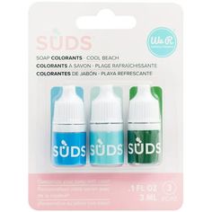 two bottles of suds soap with blue and green colors