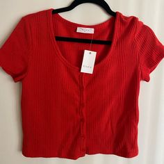 Questions? Leave A Comment Below! Red Trendy Button-up Tops, Trendy Red Button-up Tops, Casual Red Top With Buttons, Red Trendy Tops With Buttons, Red Tops With Button Closure For Spring, Trendy Red Buttoned Tops, Trendy Red Tops With Buttons, Red Ribbed Casual Top, Red Trendy Top With Button Closure