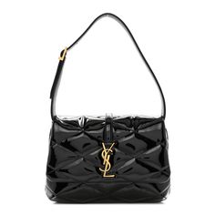 This is an authentic SAINT LAURENT Patent Quilted Le 57 Diamond Shoulder Bag in Black. This elegant shoulder bag is crafted of quilted patent leather in black. The bag features aged gold hardware, diamond quilting, an adjustable leather shoulder strap, and a YSL emblem on the front flap. The flap opens to a black suede interior with a flat pocket. Shoulder Bag Black, Black Suede, Gold Hardware, Patent Leather, Saint Laurent, Shoulder Strap, Quilting, Shoulder Bag, Leather