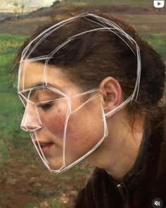 a painting of a woman with a wire mask on her head, looking down at the ground