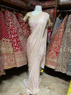 Pastel pink crepe saree with beads work and hand embroidery in multi sequence concept floral design with unstitched blouse. Fabric: Crepe Silk Ready to Ship ! Traditional Embellished Pre-draped Saree In Raw Silk, Traditional Embellished Tissue Silk Pre-draped Saree, Festive Embellished Art Silk Saree, Pink Raw Silk Pre-draped Saree With Resham Embroidery, Embellished Art Silk Saree For Designer Wear, Designer Embellished Art Silk Saree, Embellished Art Silk Saree For Reception, Designer Wear Embellished Art Silk Saree, Unstitched Embellished Art Silk Saree