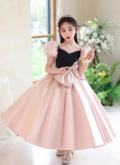 Upscale Pink Girl Princess Satin Bow Prom Homecoming Dress Bow Prom Dress, Sequin Dresses