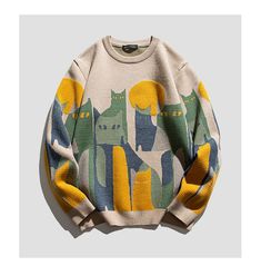 Keep cozy and stylish with the kidcore cat pull knit long sleeve sweater. this comfortable and fashionable sweater is perfect for any occasion. Fall Knit Sweater, Sweater Streetwear, Streetwear Male, Estilo Hippie, Y2k Clothes, Winter Stil, Knitted Tops, Sweater Material, Loose Sweater