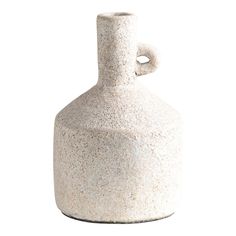 a white vase with a handle on the top is shown in front of a white background