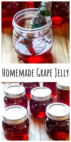 homemade grape jelly recipe in mason jars with pineconi on top and the words homemade grape jelly