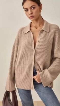 Collared Cardigan, High Rise Wide Leg Jeans, Cashmere Fabric, Collar Cardigan, Cashmere Blend Sweater, Long Jeans, Modieuze Outfits, Who What Wear, Cashmere Sweaters