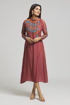 Brown kurta with thread embroidered floral patterns. - Aza Fashions Spring Floral Embroidery Semi-stitched Dress, Raw Silk Dress With Multicolor Resham Embroidery, Straight Kurta With Multicolor Intricate Embroidery, Designer Chanderi Dress With Intricate Embroidery, Transitional Dresses With Chikankari Embroidery In Cotton Silk, Long Sleeve Cotton Silk Dress With Resham Embroidery, Bohemian Embroidered Dress With Dabka Work, Long Sleeve Dresses With Resham Embroidery In Cotton Silk, Transitional Silk Kurta With Floral Embroidery