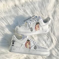 Custom Nike Air Force 1s With Ariana Grande 7 Rings Design Women's White Custom Sneakers Women's Custom Kicks Nike Air Force 1s - available in men's and kids sizes as well. (As pictured in listing photos.) Design is not a sticker and not painted, design is permanent and waterproof, Shipping : Shoes are made to order, time to create this special item just for you is around 1-2 weeks. After shipping your package will arrive in 2-4 business days for US orders 5-14 business days for International or Sneaker Gift Ideas, Custom Bandana, All White Sneakers, Custom Nike Air Force, Custom Nike Air, Nike Air Force 1s, Air Force 1s, Custom Kicks, Baby Nike