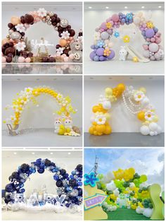 balloons are arranged in the shape of animals and flowers, with letters spelling out their names