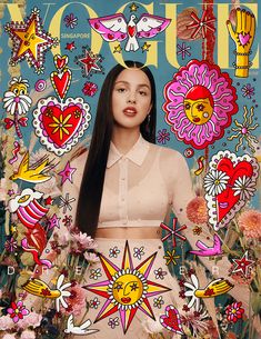 a woman with long hair standing in front of flowers and hearts on a magazine cover