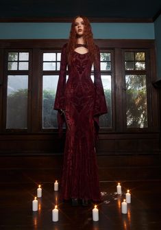 Widow Goth Velvet Flocked Maxi Dress And Shrug Set - Dark Red Six Of Crows Inspired Outfits, Dark Red Gown, Red Gothic Dress, Romantic Goth Outfits, Goth Wedding Dresses, Gothic Gowns, Elegant Goth, Vampire Dress, Elegant Red Dress