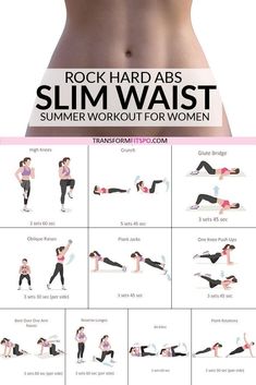 an image of a woman doing exercises for her waist and back with the text rock hard abs slim waist summer workout for women