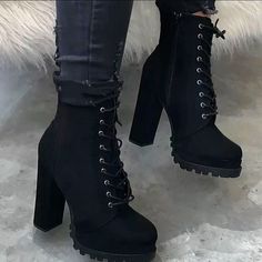 Suede Black Booties. Super Comfortable To Walk In Shoe Heels Boots, Black Boots Heel, Shoes For Fall Women, Cute Heels Aesthetic, Black Ankle Boot Heels, Combat Heels, Black Boots Heels, Cute Black Shoes, Black High Heel Ankle Boots