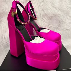 Medusa Aevitas Platform Pumps Fuchsia Medusa Aevitas Platform, Versace Satin Platform Pumps, Pink Versace Heels, Designer Pink Platform Heels, Purple Versace Heels, Versace Pink Platform Heels, Bold Pink Platform Heels, Luxury Pink Platform Heels, Versace Boots