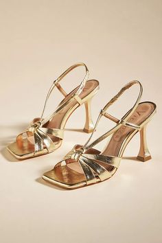 Vicenza Square-Toe Heels | Anthropologie Gold Heels Wedding, Wedding Guest Heels, Gold Bridal Shoes, Gold Kitten Heels, Gold Stiletto Heels, Metallic Wedding, Cute High Heels, Gold High Heels, Neutral Heels