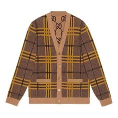 Gucci Reversible Wool Knit Cardigan 'Brown Yellow' 696576-XKCFX-2378 Designer V-neck Cardigan For Fall, Casual Gucci V-neck Outerwear, Luxury Gucci V-neck Outerwear, Luxury V-neck Fall Outerwear, Designer Wool V-neck Outerwear, Classic Gucci V-neck Cardigan, Gucci Luxury V-neck Cardigan, Luxury Gucci V-neck Cardigan, Designer Gucci V-neck Sweater