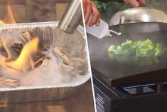 two pictures side by side one shows broccoli being cooked and the other shows how to cook broccoli