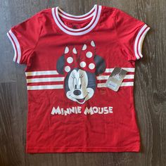 Size Large In Children’s New With Tags Comes From A Smoke Free Home Playful Red Character Print T-shirt, Cute Minnie Mouse Shirt With Crew Neck, Cute Minnie Mouse Crew Neck Shirt, Cotton Minnie Mouse Shirt With Short Sleeves, Red Crew Neck Shirt With Cartoon Print, Short Sleeve Mickey Mouse Tops For Disney Fan Events, Casual Minnie Mouse Crew Neck Shirt, Casual Crew Neck Minnie Mouse Shirt, Playful Red T-shirt With Character Print