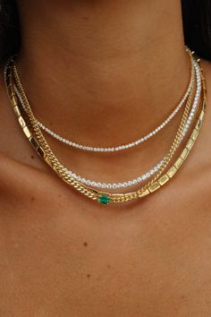 18k yellow gold cuban link necklace with emerald cut emerald center .45cts Colombian emerald  Shown with the large diamond hepburn choker 16" and the bunny necklace.  #AKNCBEM-4-YG New Jewellery Designs, Colombian Jewelry, Necklace With Emerald, Inexpensive Jewelry, Bunny Necklace, Cuban Link Necklace, Necklace Outfit, Emerald Necklace, Jewelry Lookbook