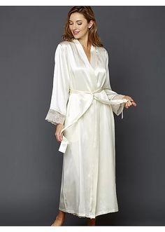 Tivoli Allura Silk Robe | Julianna Rae Elegant Lace Robe With Lace Cuffs, Elegant Wedding Robe With Lace Cuffs, Elegant Long Sleeve Sleepwear, Elegant Cream Robe With Long Sleeves, Elegant Cream Long Sleeve Robe, Elegant Cream Sleepwear For Home, Elegant Wedding Kimono With Lace Trim, Elegant Long Sleeve Cream Sleepwear, Satin Robe With Lace Trim And Long Sleeves