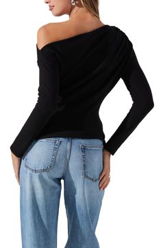 Move from day to date night in this soft knit top designed in a shoulder-baring silhouette and punctuated with an asymmetric tie hem. 26" length (size Medium) One-shoulder neck Long sleeves 63% polyester, 22% rayon, 15% elastane Hand wash, line dry Imported Stretch One Shoulder Long Sleeve Top For Fall, Stretch One Shoulder Top With Long Sleeve For Fall, Stretch Long Sleeve One Shoulder Top For Fall, Fall Stretch Long Sleeve One Shoulder Top, Chic Off-shoulder Long Sleeve Top For Winter, Black Stretch One Shoulder Top With Long Sleeve, Casual One Shoulder Long Sleeve Top For Fall, Chic One Shoulder Off-shoulder Top For Fall, Casual Long Sleeve One Shoulder Top For Fall