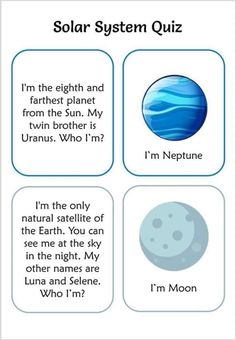 the solar system quiz is shown in blue and white, with three different planets on each side