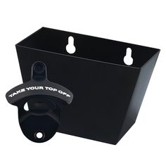 a black box with a bottle opener attached to the front and side of it that says take your top off