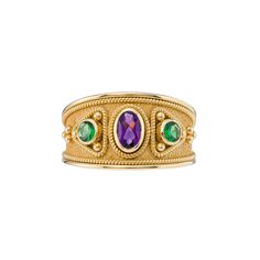 Our gold ring, adorned with intricate Byzantine details, features two round tsavorites on the sides, framing a regal oval amethyst at its center--a symbol of timeless beauty and luxury. 100% handmade in our workshop. Metal: 14K Gold| 18K Gold Gemstones: Amethyst oval | weight 0,34 ct Tsavorites | weight 0,31 ct Discover the art of personalization as you select your dream jewelry, choosing the perfect gemstone that resonates with your unique style. Our dedicated team is always ready to assist, en Byzantine Yellow Gold Rings With Gemstone, Luxury Byzantine Style Rings, Gold Byzantine Ruby Ring With Gemstone, Luxury Gold Byzantine Ruby Ring, Gold Amethyst Ring, Fine Jewelry Collectible, Byzantine Gold, Byzantine Rings, Greek Ring, Amethyst Gem