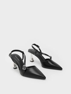 Black Asymmetric Curved Heel Slingback Pumps - CHARLES & KEITH US Size Chart For Kids, Faux Leather Heels, Charles Keith, Slingback Pump, Black Pumps, Belt Size, Leather Heels, Pumps Heels, Comfortable Shoes