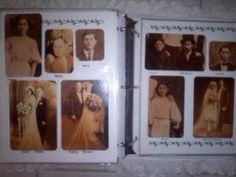 an old photo album with pictures of people in wedding dresses and grooms on them