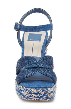 A playful patchwork of woven raffia refines this richly textured platform sandal with an adjustable quarter strap securing your new retro fave. 4 1/2" heel; 1 1/2" platform (size 8.5) Adjustable ankle strap with buckle closure Synthetic upper, lining and sole Made in Brazil New Retro, Woven Raffia, Blue Sandals, Platform Sandals, Ankle Strap, Blue Denim, Womens Sandals, Brazil, Buckle