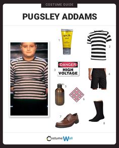 the costume guide for pugsley adams is shown in black and white striped shirt