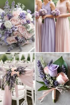 wedding bouquets and bridesmaids in pastel pink, lavender and white colors