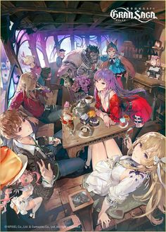 some anime characters sitting at a table together