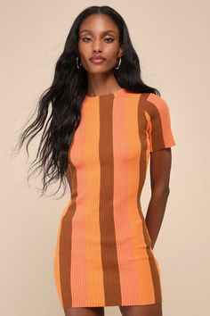 Channel effortlessly groovy vibes in the Lulus Definitely Cool Orange Striped Ribbed Short Sleeve Mini Dress! Stretchy ribbed knit (with a trendy striped design in hues of orange, terracotta, and brown) shapes a classic crew neckline and a fitted bodice, framed by short sleeves. Bodycon silhouette hugs your curves just right before ending at a cute mini hem. Fit: This garment fits true to size. Length: Mid-thigh. Size medium measures 32" from shoulder to hem. Bust: Great for any cup size. Waist: Short Orange Dress, Orange Terracotta, Groovy Vibes, Ribbed Dress, Swimming Outfit, Short Dresses Casual, Short Sleeve Mini Dress, Orange Dress, Cup Size