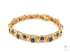 Natural Blue Sapphire and Diamond Bracelet Luxury Sapphire Bracelets For Formal Occasions, Luxury Sapphire Bracelets For Wedding, Luxury Traditional Blue Bracelets, Luxury Sapphire Diamond Bracelet With Prong Setting, Luxury Gold Diamond Bracelet With Sapphire, Luxury Yellow Gold Sapphire Tennis Bracelet, Luxury Sapphire Diamond Bracelet, Luxury Adjustable Sapphire Bracelet, Luxury Yellow Gold Sapphire Bracelets