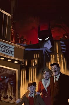 batman and his family standing in front of a movie theater