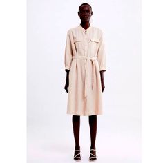 Nwt Zara Soft Pink Tan Color Linen Blend Shirt Dress. 3/4 Sleeves. Side Slits. With Two Chest Flap Pockets. It Has A Belt But Can Be Worn Loose Too. Size L (Oversized). Linen Blend Shirt, Linen Midi Dress, Midi Shirt Dress, Tan Color, Soft Pink, Linen Blend, Shirt Dress, Midi Dress, Zara