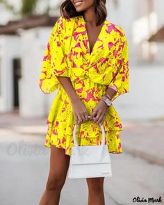 Color: yellow, Size: M Casual Yellow Mini Dress With Ruffles, Yellow Mini Dress With Ruffles For Spring, Yellow Floral Print Mini Dress For Spring, Spring Yellow Floral Print Mini Dress, Yellow Printed Long Sleeve Dress, Yellow Long Sleeve Mini Dress For Beach, Yellow Printed Fall Dress, Casual Yellow Spring Dresses, Yellow Mini Dress For Spring Vacation