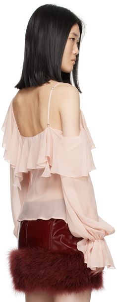 Semi-sheer silk georgette blouse. Ruffles throughout. · Asymmetrical construction · Scoop neck · Elasticized cuffs · Adjustable spaghetti strap Supplier color: Silver pink Inverted Triangle Outfits, Pink Silk Blouse, Spaghetti Strap Blouses, Flounce Top, Asymmetrical Blouse, Georgette Blouse, Ruffled Sleeve Top, Asymmetrical Tops, Long Puff Sleeves