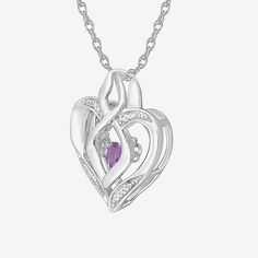 It's love at first sight with this scrolling heart pendant necklace accented by a genuine amethyst and shimmering diamond accent. A unique hinged setting allows the center stone to pivot within its frame, creating the effect of dancing light. The slightest movement brings this exciting stone to life.Stone: 4mm heart-shaped genuine amethystOther Stone: Diamond accentFeatures: Quick ShipDiamond Clarity: I3Jewelry Closure: Spring Ring ClaspSetting: ProngStone Cut: HeartDiamond Color: J-KChain Leng… Purple Double Heart Jewelry With Heart Charm, Purple Double Heart Charm Jewelry, Purple Double Heart Jewelry For Valentine's Day, Personalized Purple Heart Jewelry, Purple Heart Necklace For Valentine's Day Anniversary, Anniversary Amethyst Heart Necklace, Sterling Silver Purple Heart Pendant Necklace, Purple Sterling Silver Necklaces For Valentine's Day, Purple Sterling Silver Heart Pendant Necklace