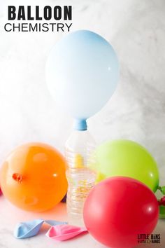 balloons and water bottles on a table with text overlay that reads balloon chemicals