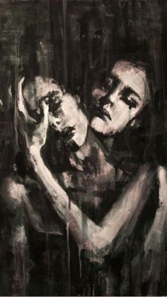 black and white painting of two people hugging each other with their arms around one another