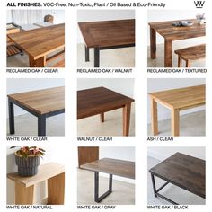 the different types of tables and chairs are shown in this image, including one that is made out of wood