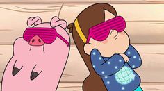 a cartoon character wearing sunglasses next to a pig