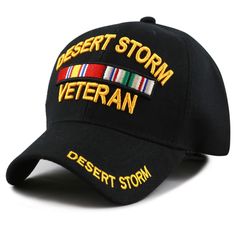 Black DESERT STORM VETERAN Embroidered Military Hat. Durable Fabric that Resists Fading and Stains. Easy to Clean. Curved Bill. Adjustable strap so one size fits many men and some women. Generally fits up to about a 25 inch head. Vented holes at the top to help keep head cooler in warm conditions. Black Military Baseball Cap One Size, Military Style Black Snapback Hat, Black Desert, Navy Air Force, Desert Storm, Men's Baseball Cap, Semper Fi, Military Hat, Black Baseball Cap