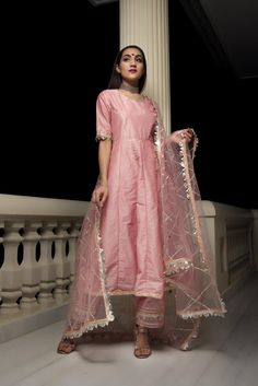 gotta-jaal-cotton-silk-peach-anarkali-11403183PC, Women Indian Ethnic Clothing, Cotton Silk Kurta Set Dupatta Simple Anarkali Suits, Peach Anarkali, Simple Anarkali, Fabric Tassels, Peach Color Dress, Silk Anarkali, Lehenga Designs Simple, Pakistani Fashion Casual, Indian Look