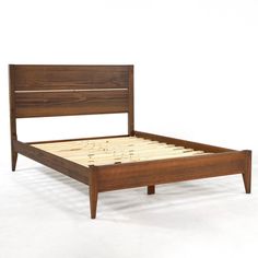 a wooden bed frame with no headboard and foot board on the bottom side, against a white background