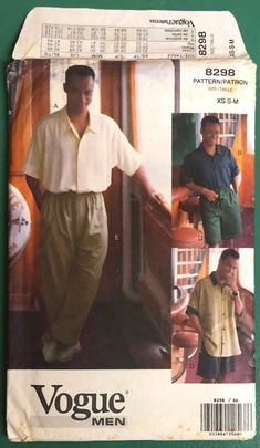 Vintage 90's, men's casual shirt, shorts and pants, to sew. This pattern has a cool, mid-century vibe. From the sewing pattern envelope: "Very loose-fitting shirt has self or contrast collar and sleeve bands, forward shoulder seams, side hemline slits and above elbow sleeves. Narrow hem. A, B: concealed button opening. B, C: pockets. Shorts, above mid-knee or straight legged pants have partially elastic waist, button fly closing, side and back pockets and stitched hems." Pattern: Vogue Men 8298 1990s Fashion 90s Style Men, 80s Male Fashion, 90s Male Fashion, 1990s Vogue, 1999 Fashion, Button Fly Pants, Vintage Vogue Sewing Patterns, Mens 90s, 90s Fashion Men